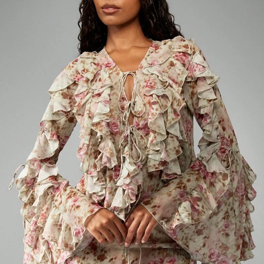 Multicolor Boho Women's Floral Ruffled Chiffon Long Sleeve Tie Front blouse - Picture 5 of 6